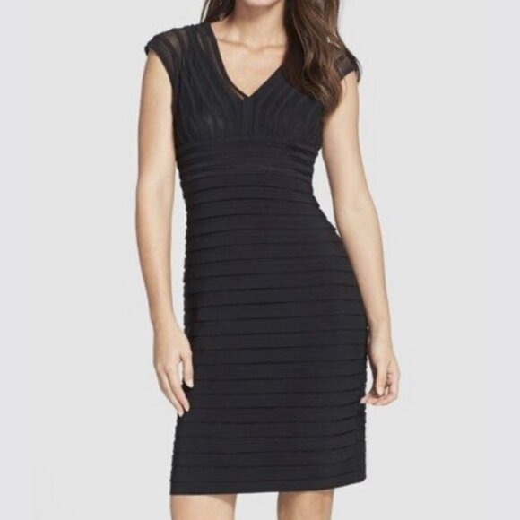 Adriana Papell Sheath Dress Size 16 Womans Black Shutter Pleat Cap Sleeve V-Neck - Picture 1 of 16